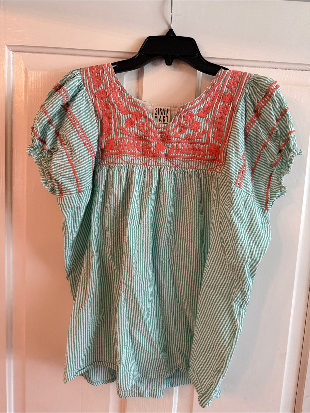 Green stripe seersucker Embroidered peasant Sleeve Top